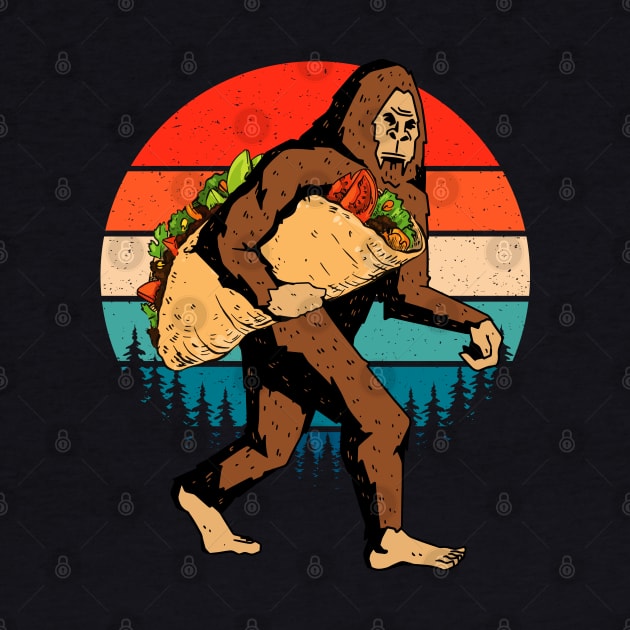 Bigfoot Carrying A Taco Retro Sunset by Tesszero